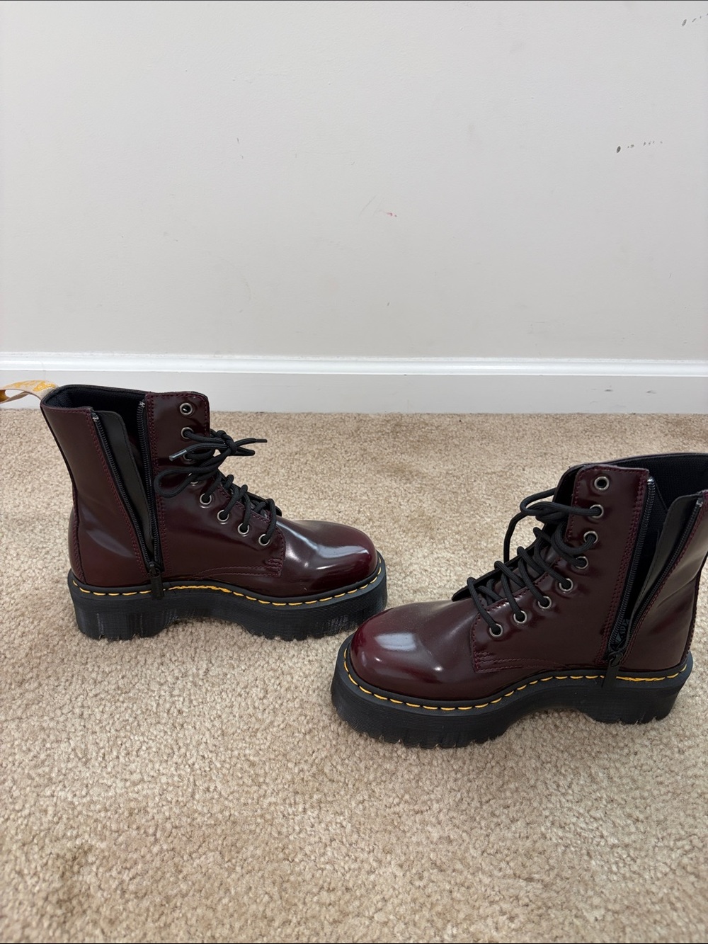 Dr. Martens Burgundy Lace-Up Platform Boots with Yellow Stitching - Picture 3 of 7